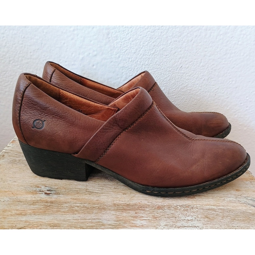 Born Womens Leather Clogs Brown Slip On Block Heel Shoes Size 11 Bootie